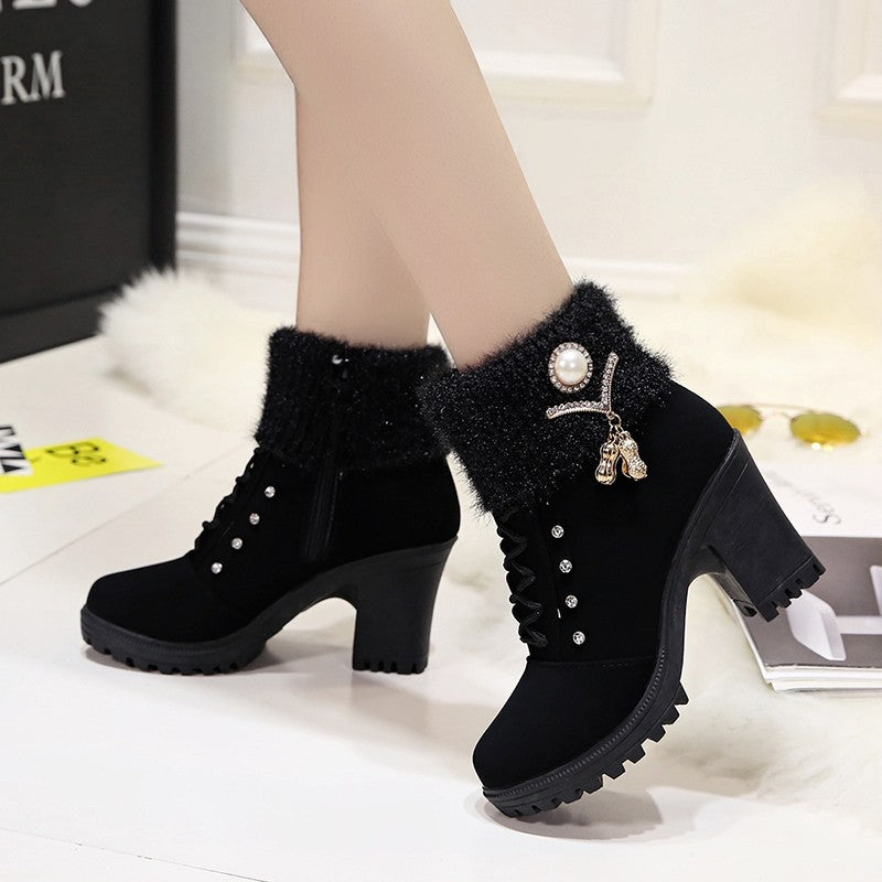 Bootara Women's Glam Knit-Cuff Boots - Rhinestone Decor Side Zip Block Heel Dress Boots (US 5-9.5)