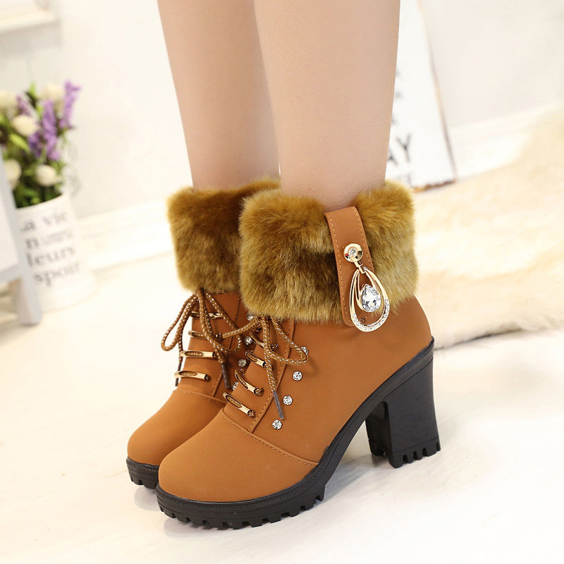 Bootara Women's Glam Knit-Cuff Boots - Rhinestone Decor Side Zip Block Heel Dress Boots (US 5-9.5)
