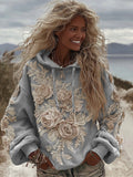 Women's Classic Romantic White Rose Embroidery Art Comfy Hoodie