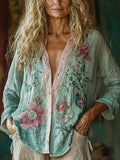 Women's Casual Bohemian Linen Floral Style Long-sleeve Top Shirt