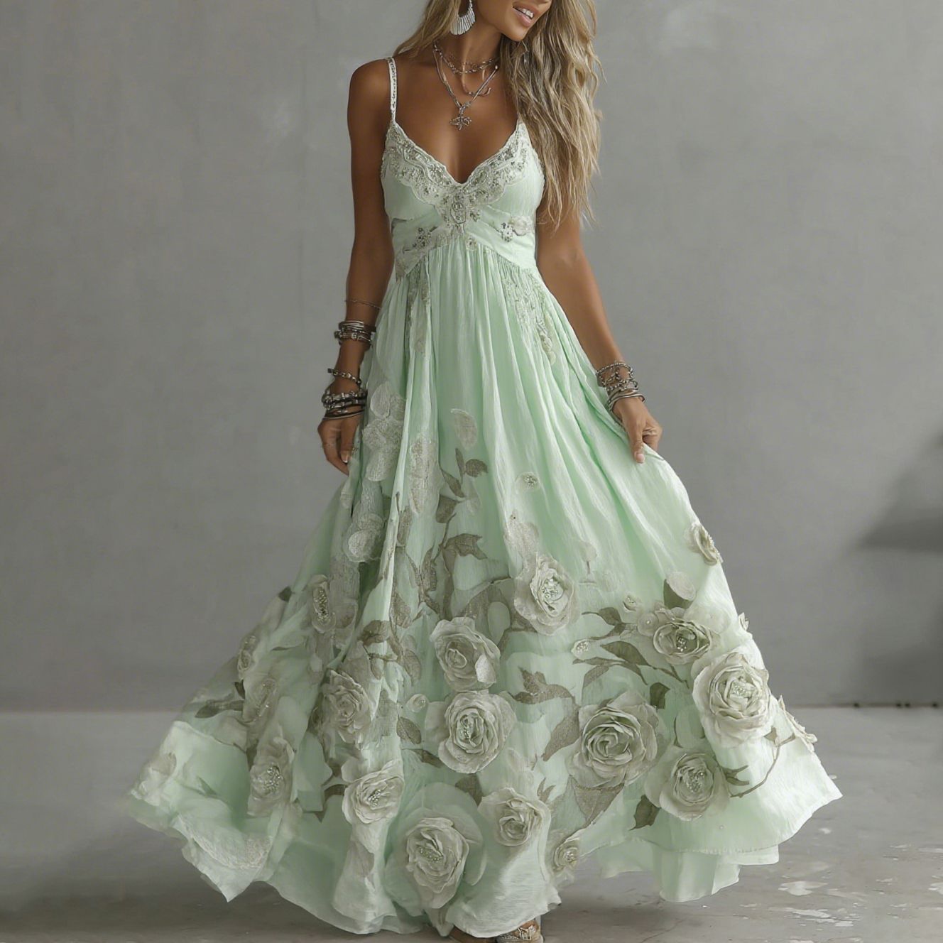 Women's Vintage Rose Embroidery Art V-neck Suspender Maxi Dress