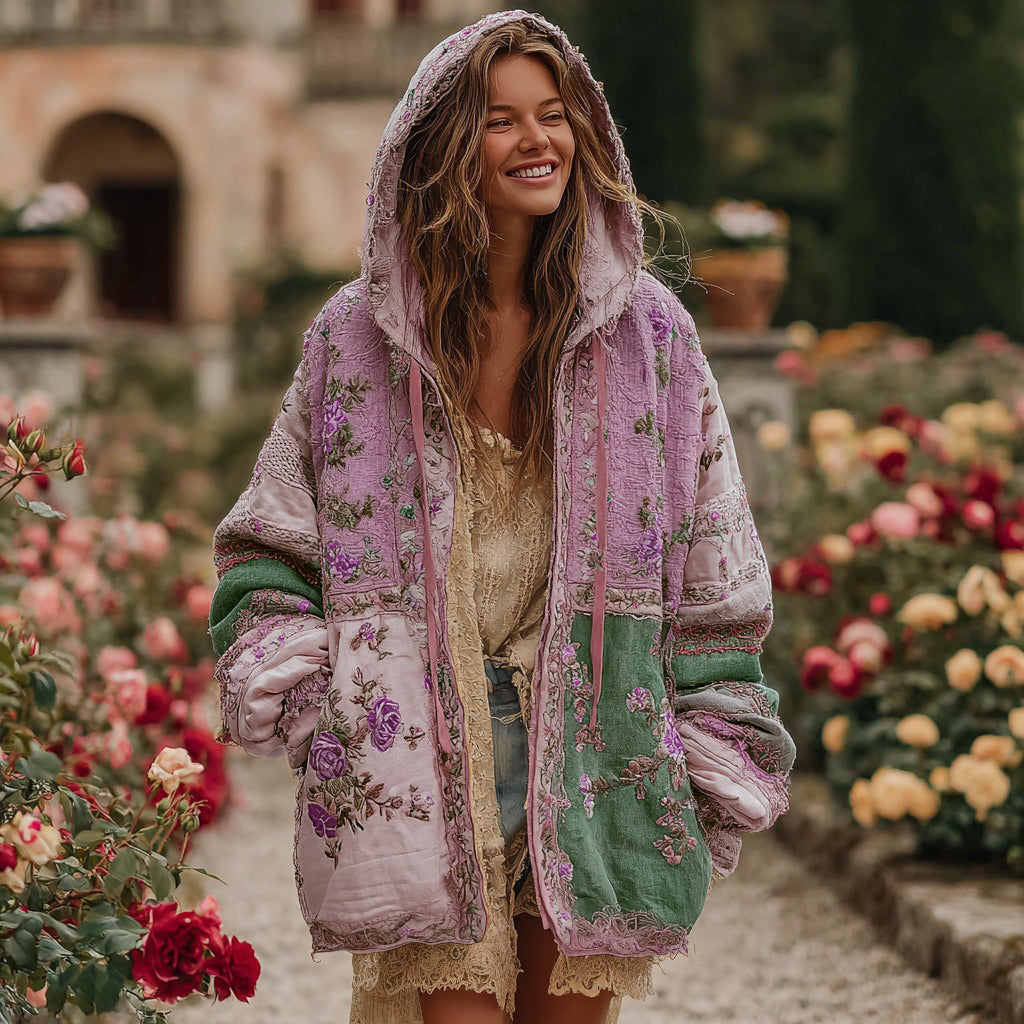 Women's Vintage Floral Color Block Warm Zip Hoodie Cardigan